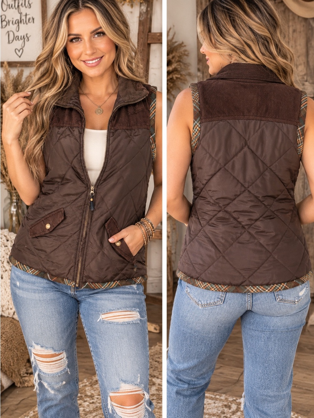CAbi Chocolate Brown Quilted Sleeveless Vest